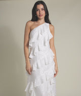 One Shoulder Floral Ruffle Maxi Dress - White