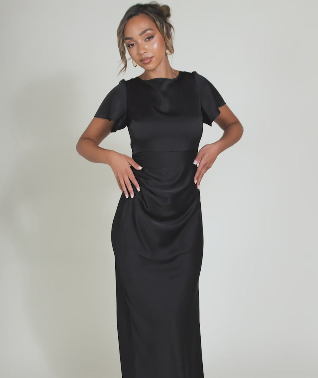 Flutter Sleeve Tie Back Satin Bridesmaid Dress - Black