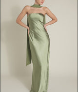 Bandeau Satin Bridesmaid Dress with Chiffon Neck Scarf - Moss Green