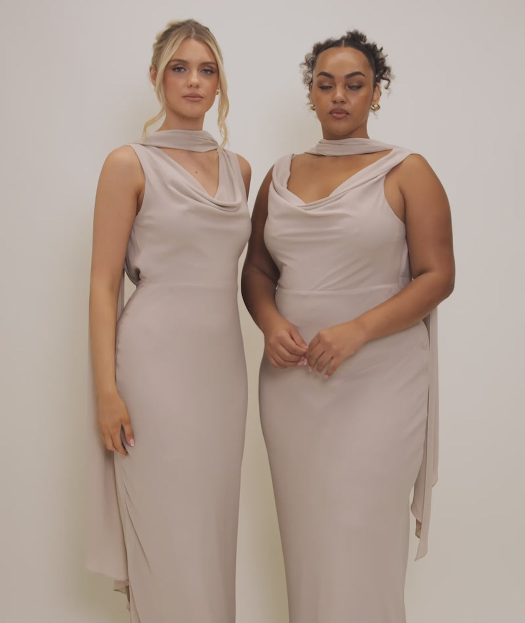 Plunge Cowl Chiffon Bridesmaid Dress with Neck Scarf - Taupe