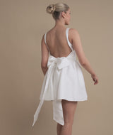 Satin Bow Back Pleated Skirt Mini Dress - White