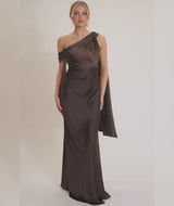 One Shoulder Drape Satin Bridesmaid Dress - Chocolate