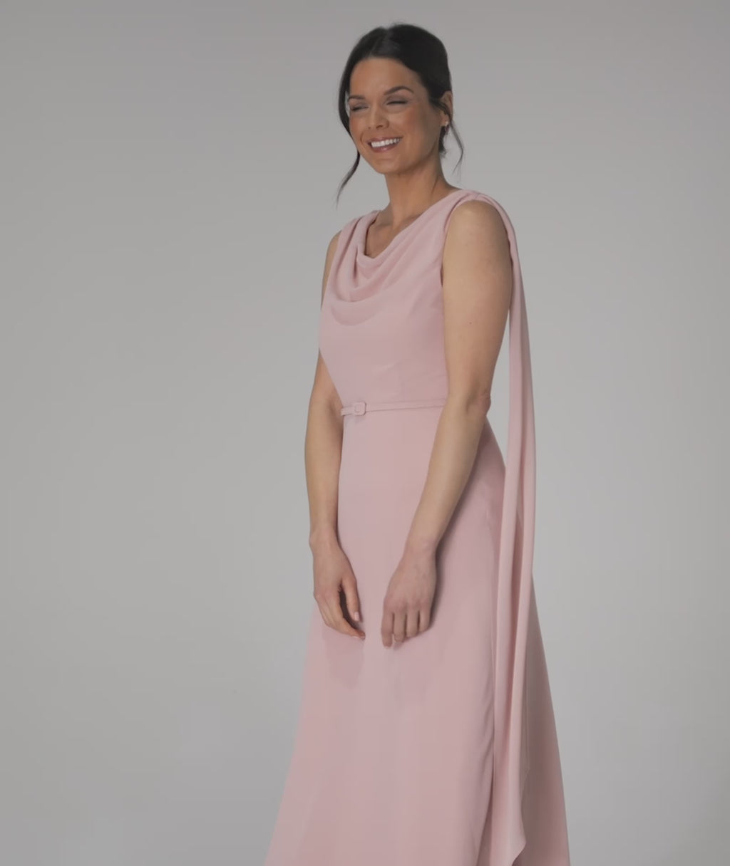 Cowl Front Drape Detail Belted Midi Dress - Rose
