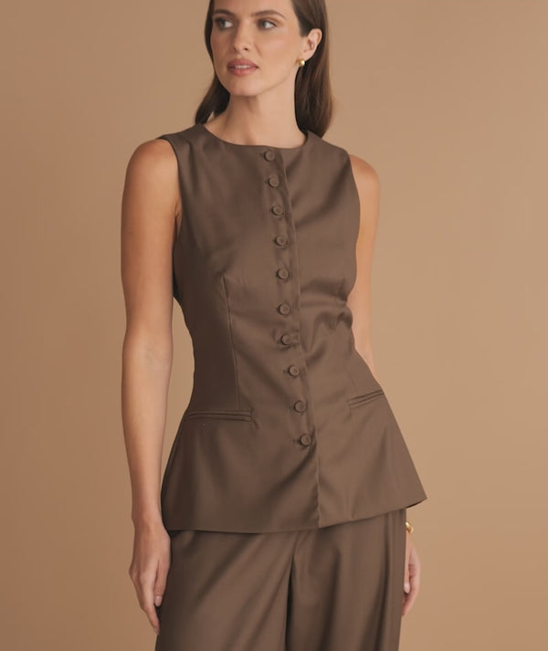 Button Through Tailored Waistcoat - Chocolate
