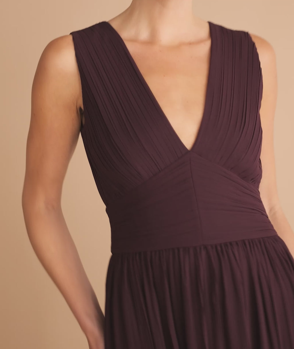 Pleated Plunge Maxi Dress - Wine