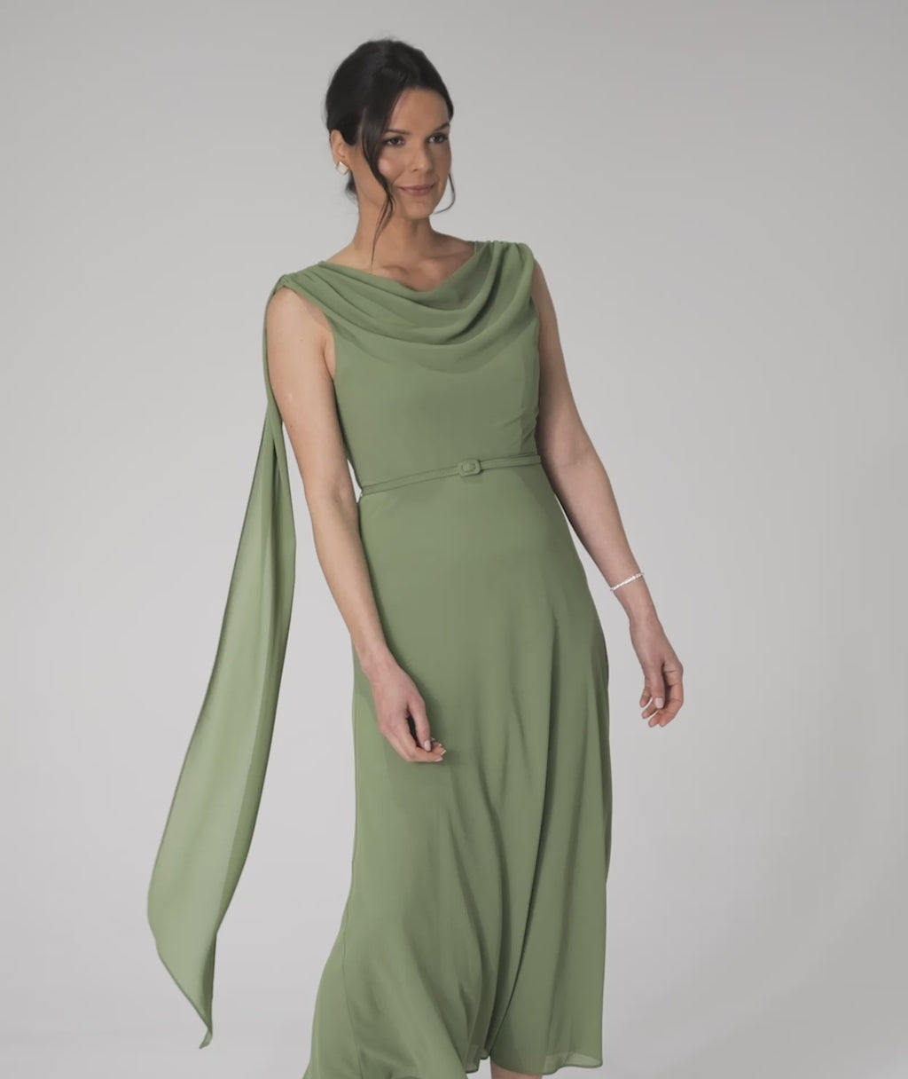 Cowl Front Drape Detail Belted Midi Dress - Sage
