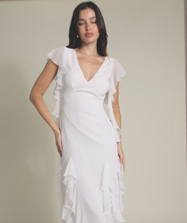 Ruffle V Neck Plunge Maxi Dress - White