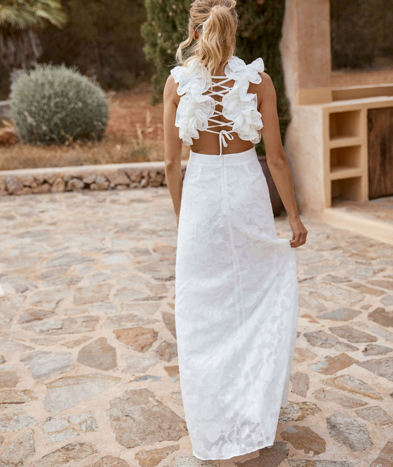 Ruffle Back Floral Burnout Maxi Dress - White