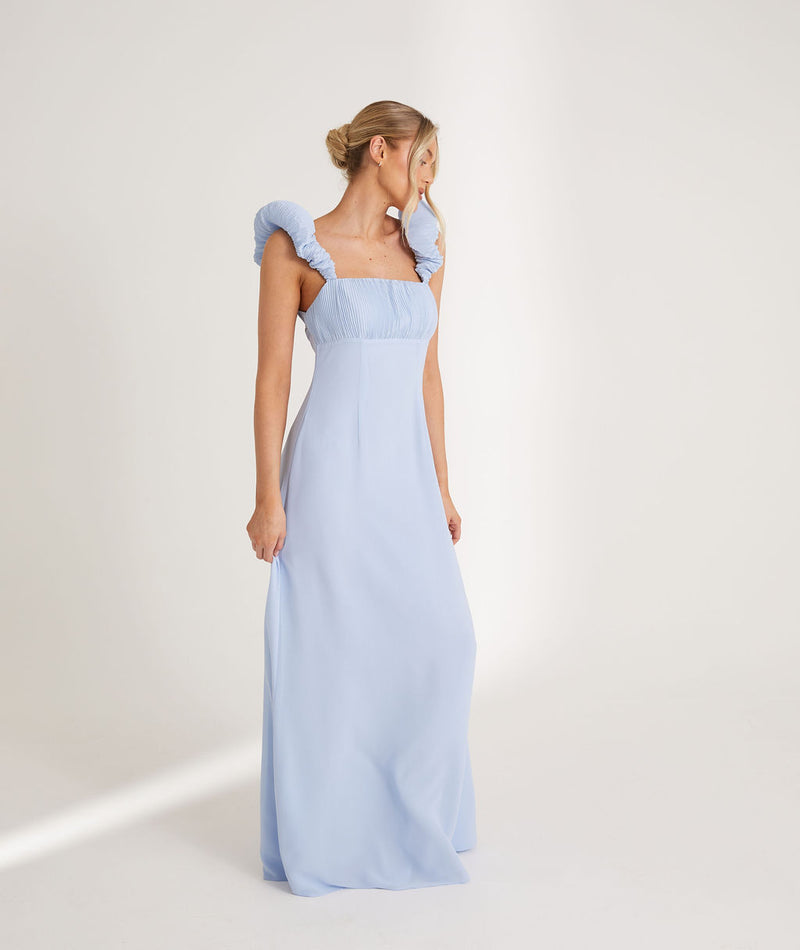 Pleated Statement Shoulder Chiffon Bridesmaid Dress - Cornflower Blue