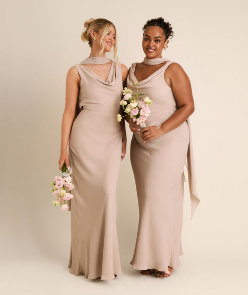 Plunge Cowl Chiffon Bridesmaid Dress with Neck Scarf