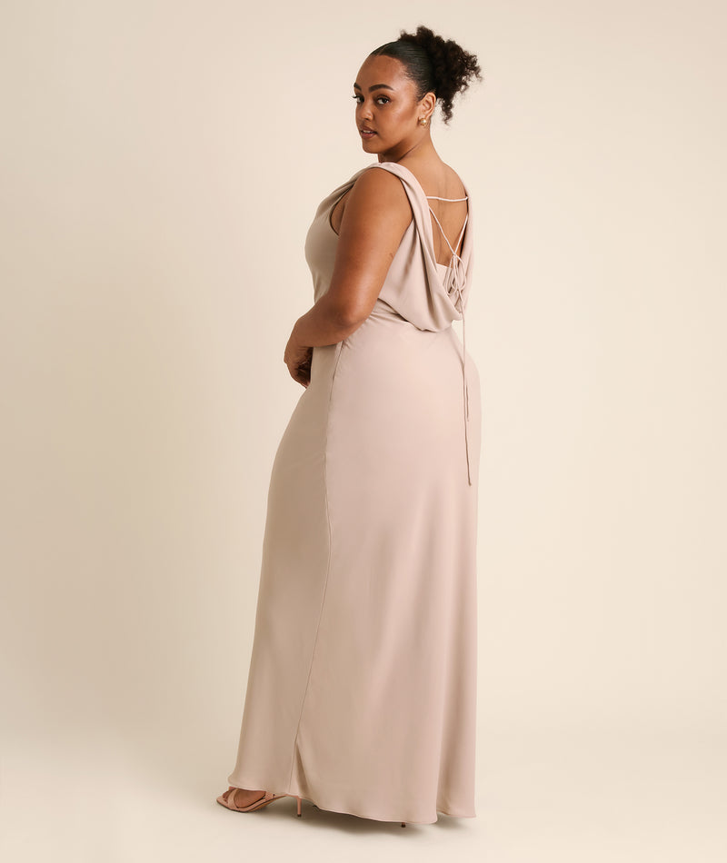 Plunge Cowl Chiffon Bridesmaid Dress with Neck Scarf - Taupe