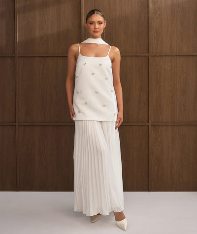 Embellished Pearl Strappy Maxi Dress with Neck Scarf