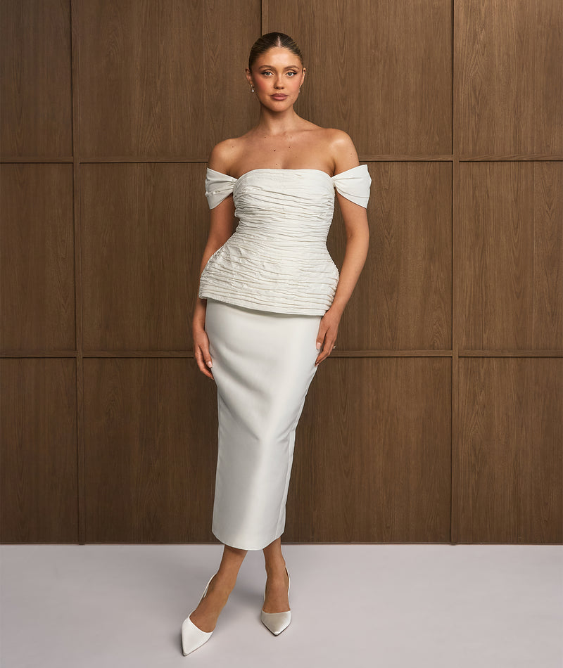 Bardot Peplum Midi Dress - Ivory Six Stories Bardot Peplum Midi Dress - Ivory Six Stories