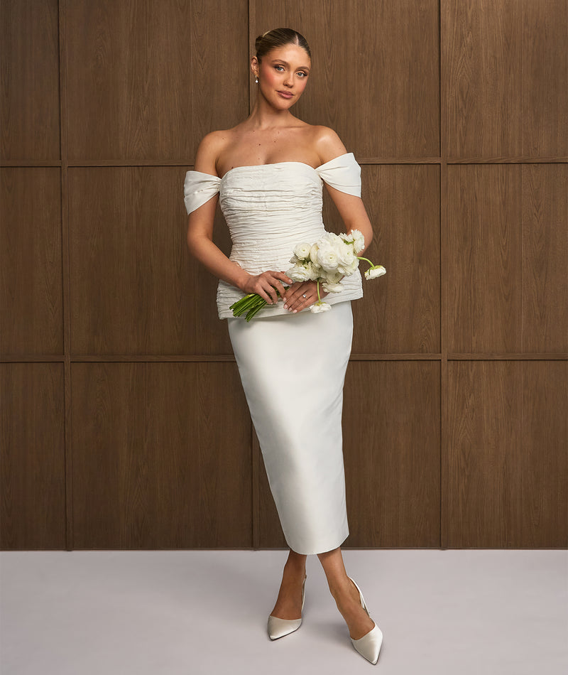strapless open back dress Bardot Peplum Midi Dress
