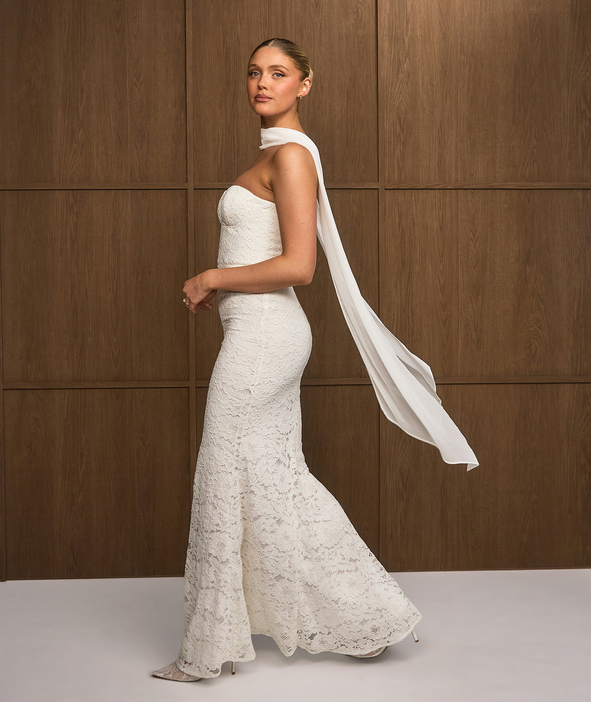 Lace Bandeau Maxi Dress with Neck Scarf - Ivory