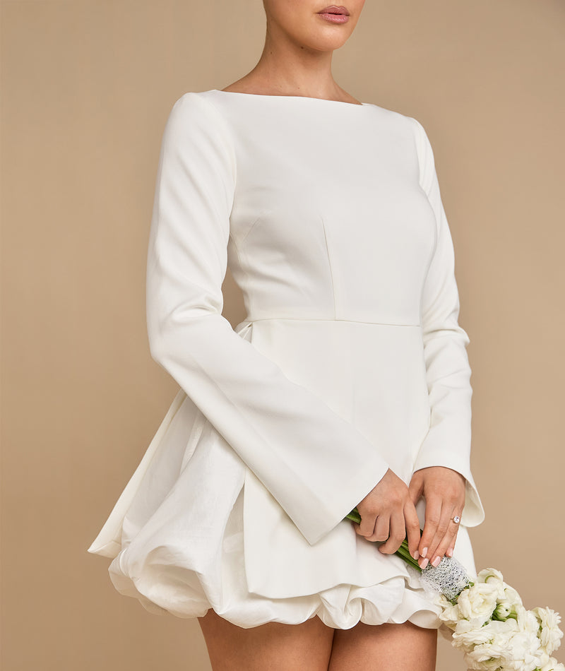 Split Sleeve Bubble Hem Mini Dress - White  Six Stories