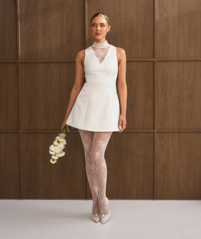 Lace High Neck A-line Mini Dress - White | Civil Ceremony & Courthouse  White Wedding Dresses  Six Stories