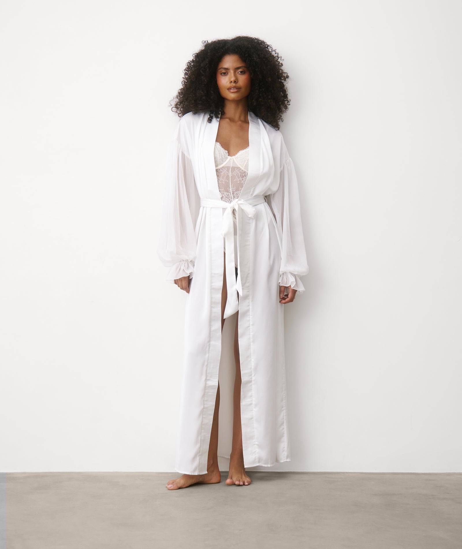 White Quilted Robe Chiffon Sleeve Maxi Satin Robe - White | Six Stories