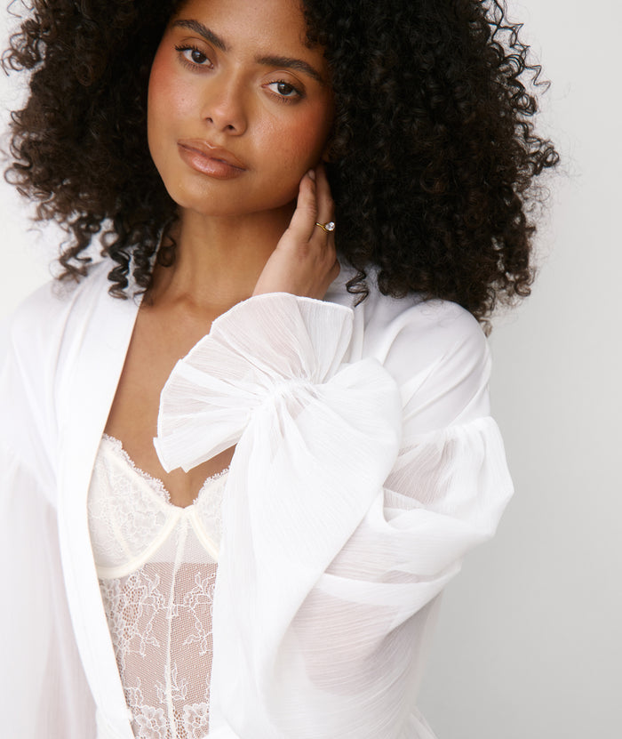 Chiffon Sleeve Maxi Satin Robe - White | Six Stories