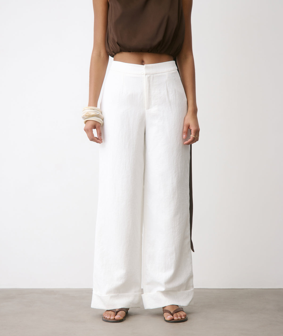 Textured Turn Up Tailored Trousers - White