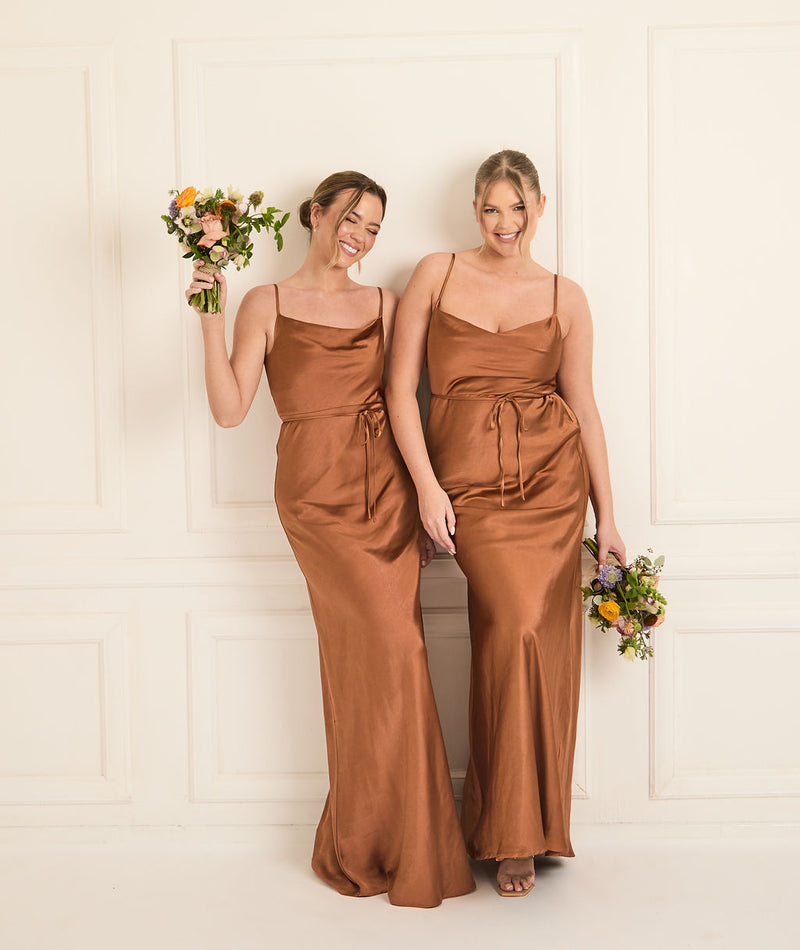 Cami Cowl Front Satin Bridesmaid Dress - Rust