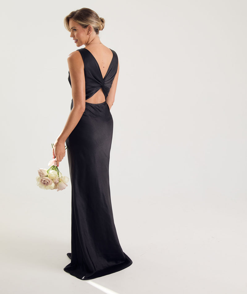 Twist Back Satin Bridesmaid Dress - Black