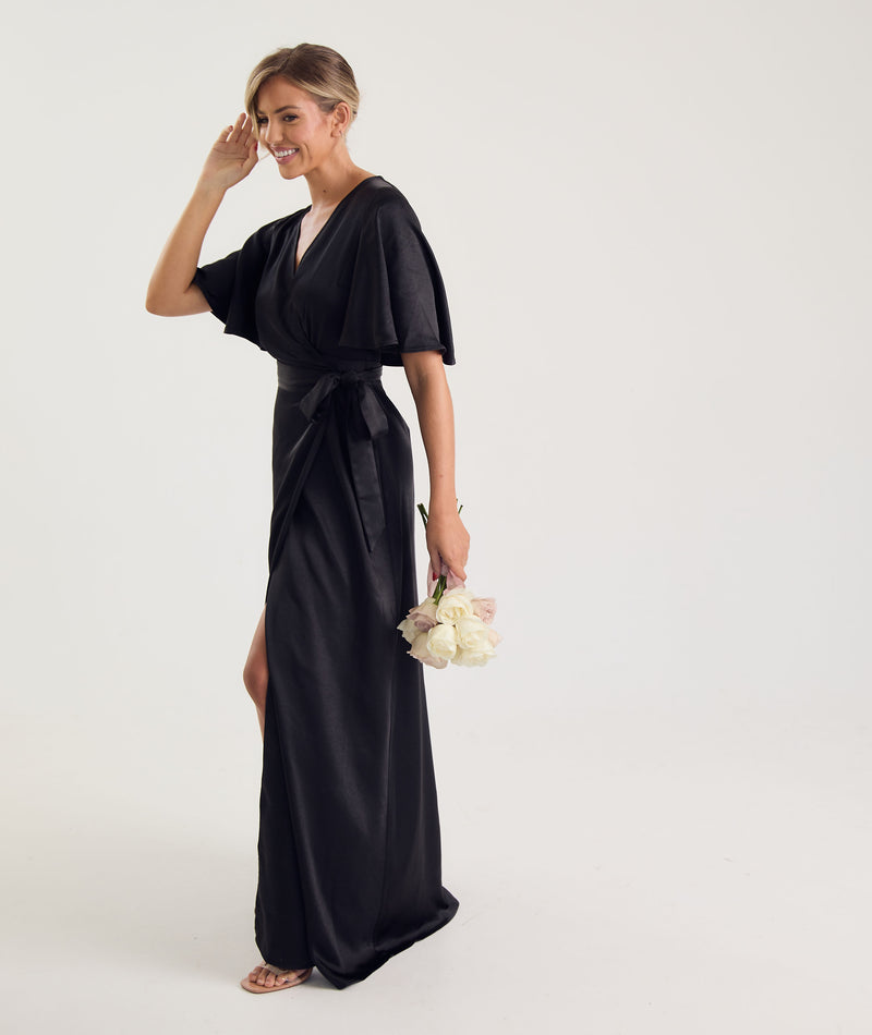 Wrap Tie Satin Bridesmaid Dress - Black Wrap Tie Satin Bridesmaid Dress - Black