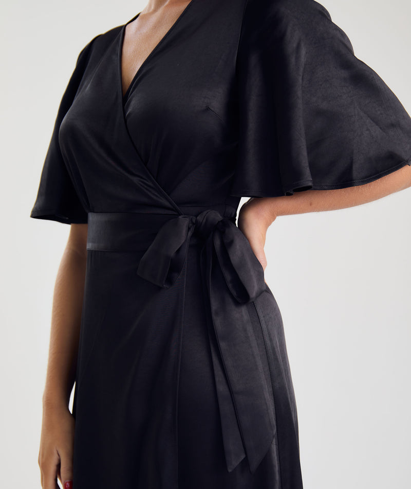 Wrap Tie Satin Bridesmaid Dress - Black