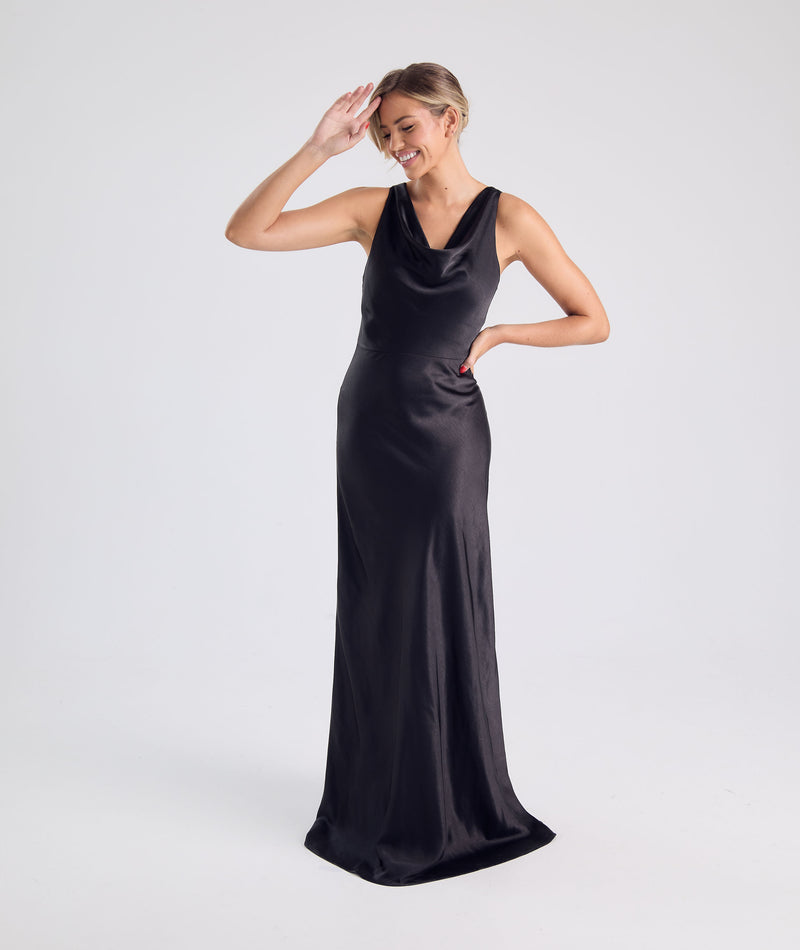 Cowl Front Satin Bridesmaid Dress - Black