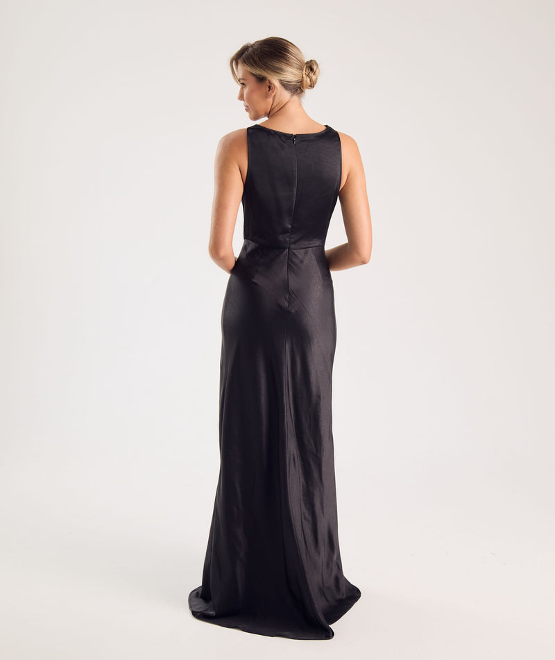 Cowl Front Satin Bridesmaid Dress - Black
