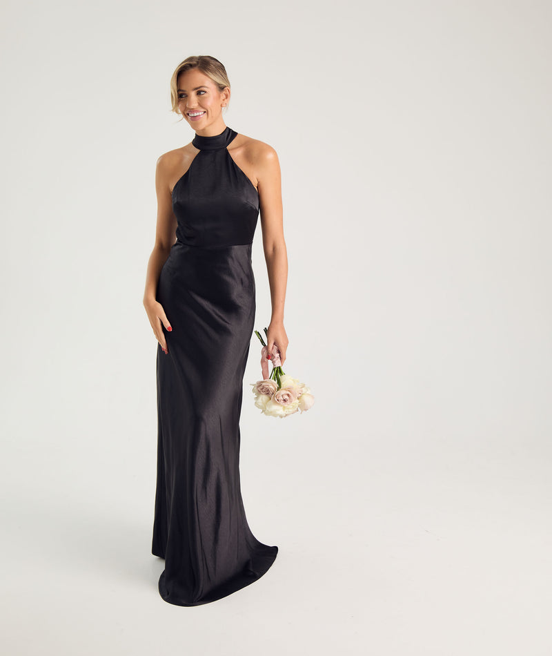 Halter Neck Satin Bridesmaid Dress - Black Six Stories Halter Neck Satin Bridesmaid Dress - Black Six Stories