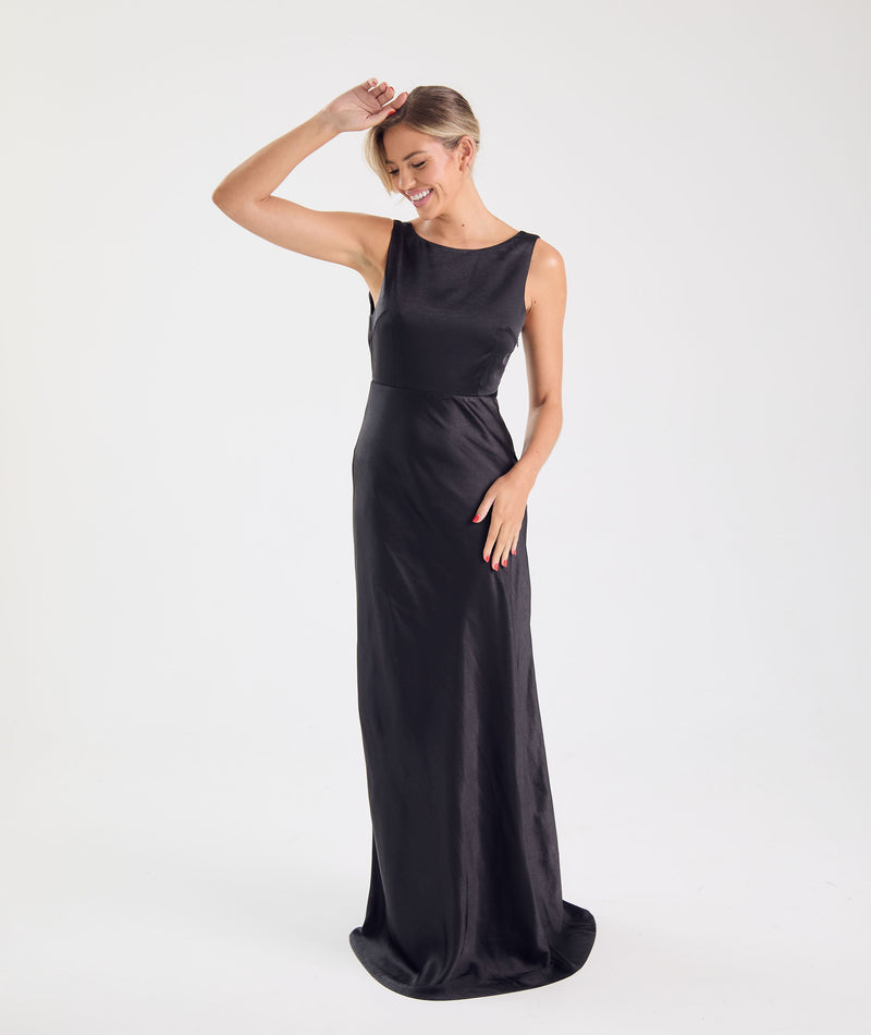 Cowl Back Satin Bridesmaid Dress - Black