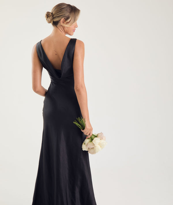Cowl Back Satin Bridesmaid Dress - Black