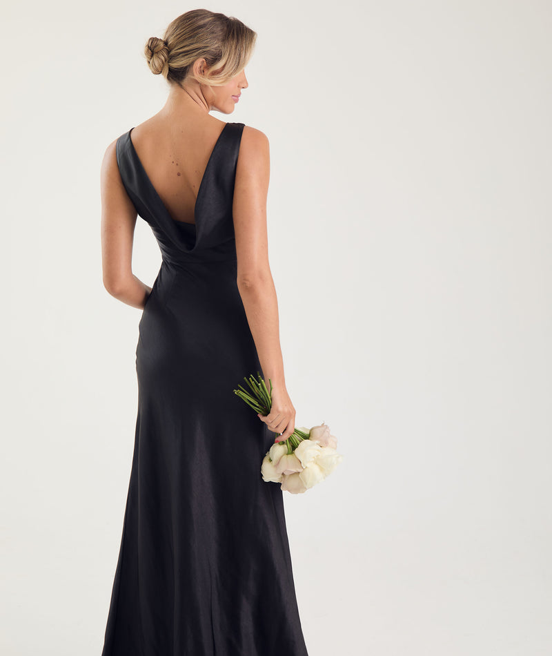 Cowl Back Satin Bridesmaid Dress - Black