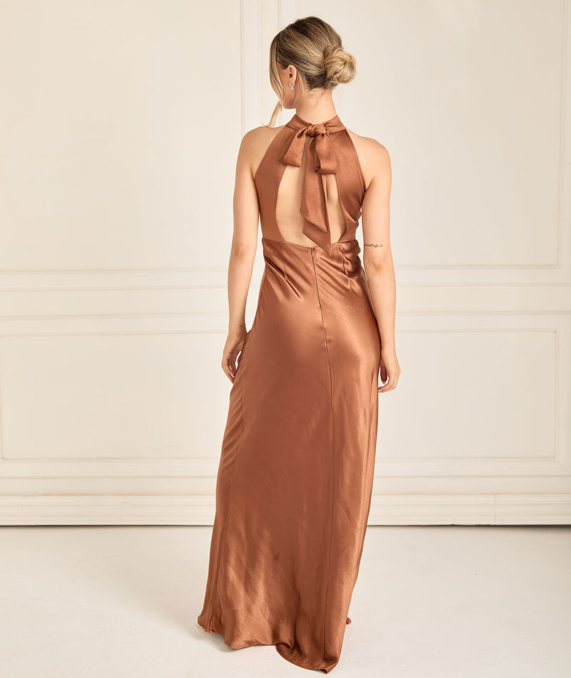Halter Neck Satin Bridesmaid Dress - Rust